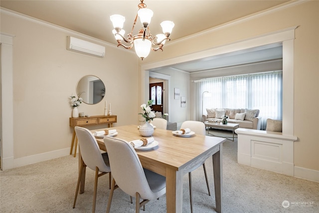 dining area featuring light colored carpet, ornamental molding, a wall unit AC, and a notable chandelier