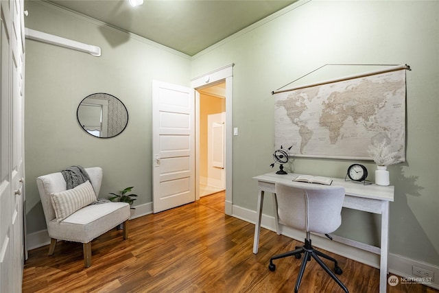 office space with ornamental molding and hardwood / wood-style floors