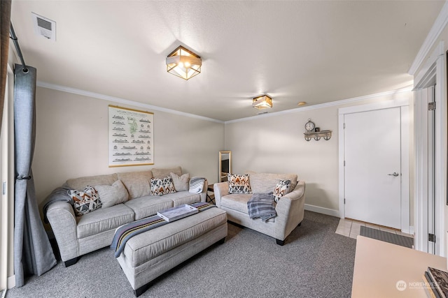 carpeted living room featuring ornamental molding