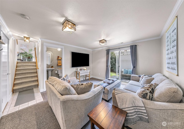 living room with crown molding, a textured ceiling, and light tile patterned floors