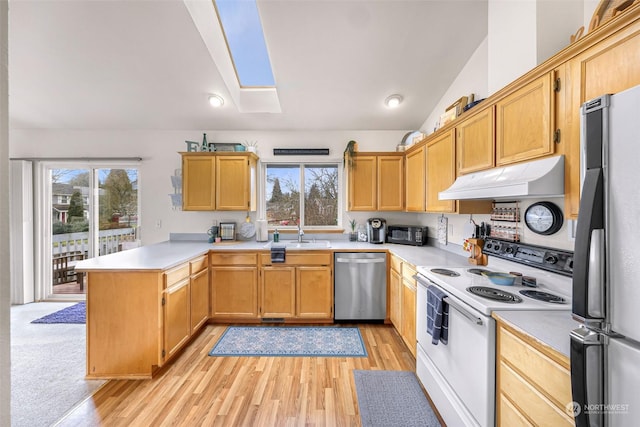 kitchen featuring stainless steel appliances, plenty of natural light, light hardwood / wood-style flooring, and kitchen peninsula