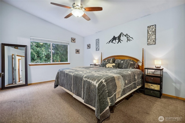 bedroom with baseboards, ceiling fan, carpet flooring, and vaulted ceiling