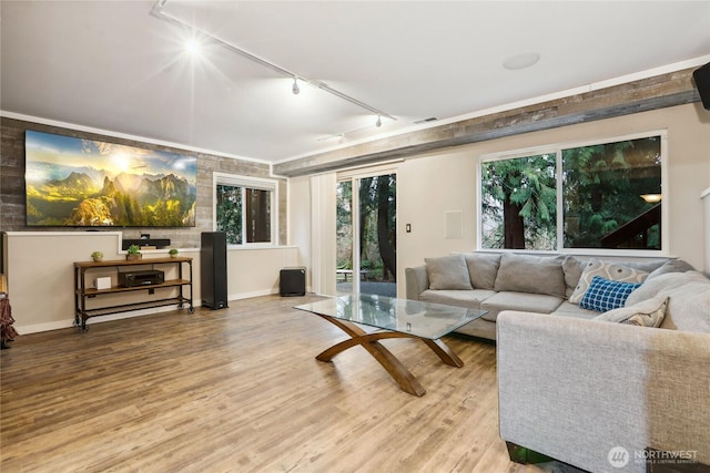 living area with track lighting, wood finished floors, visible vents, and a wealth of natural light