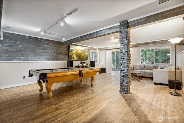 rec room with rail lighting, wood finished floors, and pool table