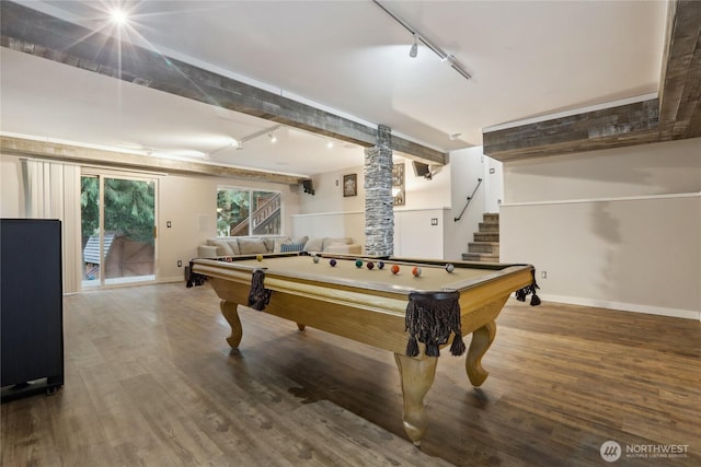 game room featuring baseboards, wood finished floors, and billiards