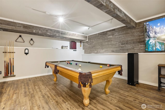 recreation room with beamed ceiling, track lighting, billiards, wood finished floors, and baseboards