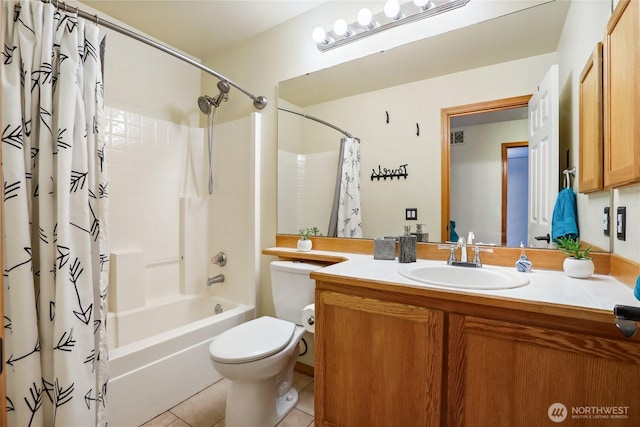 full bath featuring vanity, visible vents, shower / bath combo, tile patterned flooring, and toilet