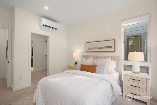 carpeted bedroom featuring an AC wall unit