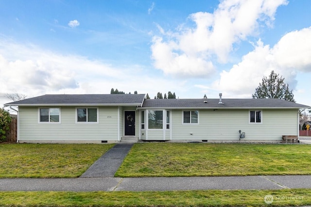 ranch-style home with a front lawn and crawl space