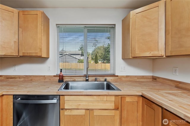 kitchen featuring a sink, wooden counters, dishwasher, and light brown cabinets