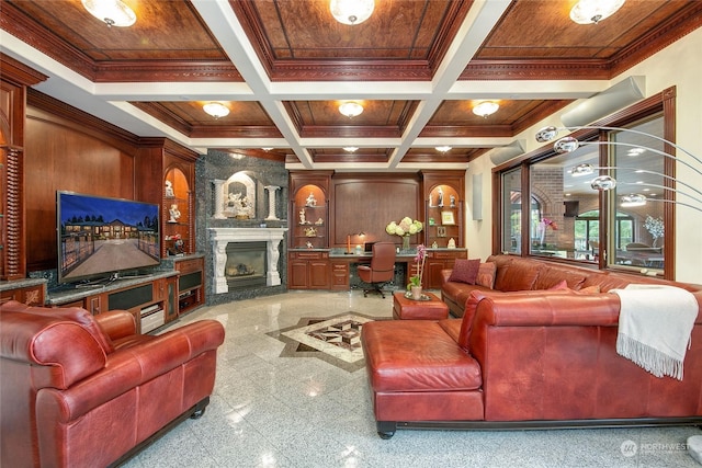 living room with beam ceiling, crown molding, coffered ceiling, and wood ceiling