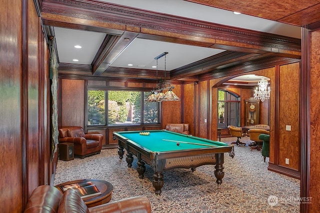 game room featuring billiards, ornamental molding, carpet, and wood walls