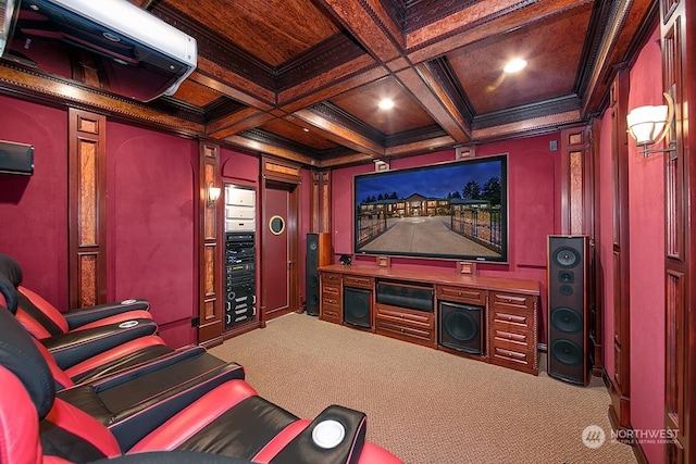 cinema room with beamed ceiling, crown molding, carpet, and coffered ceiling