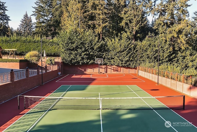 view of tennis court with basketball court