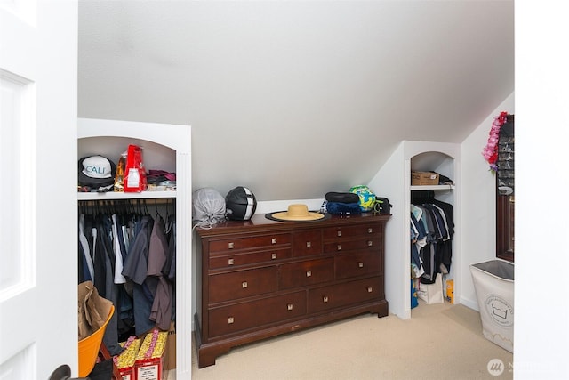 spacious closet featuring light carpet and vaulted ceiling