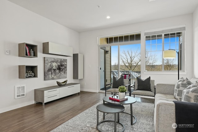 living room featuring plenty of natural light and dark hardwood / wood-style floors