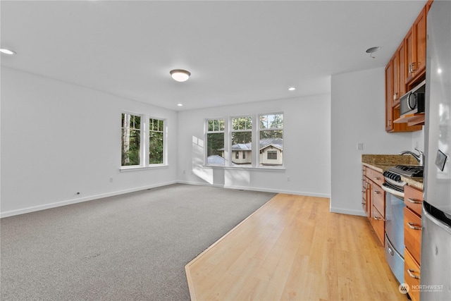 kitchen with stainless steel appliances, light stone countertops, and light carpet