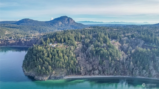 bird's eye view with a water and mountain view