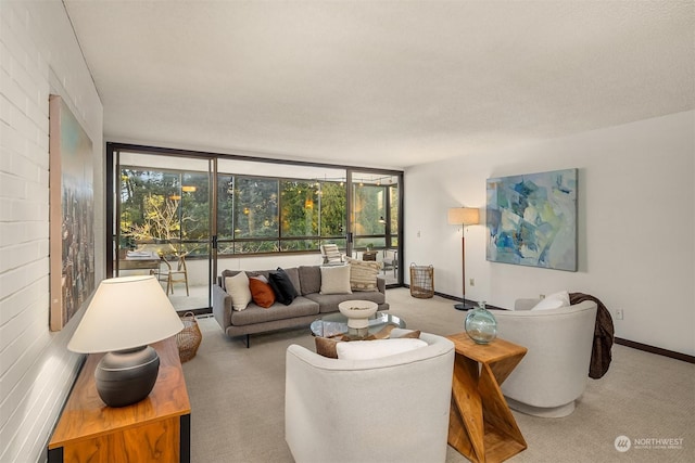 living room with light colored carpet and a wall of windows