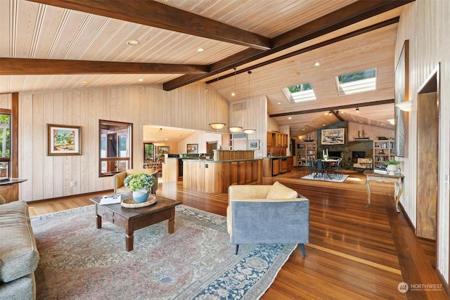 living room with lofted ceiling with beams, hardwood / wood-style floors, wooden ceiling, and wood walls