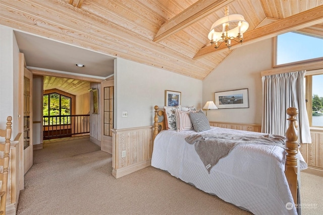 carpeted bedroom with an inviting chandelier, wood walls, wood ceiling, and vaulted ceiling with beams