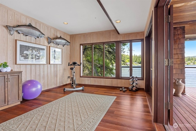 exercise area with wooden walls and dark hardwood / wood-style flooring