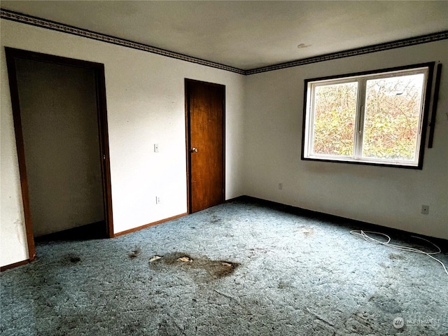 unfurnished bedroom with ornamental molding and carpet