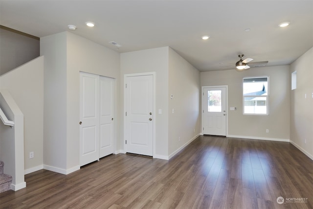 entryway featuring ceiling fan and dark hardwood / wood-style flooring