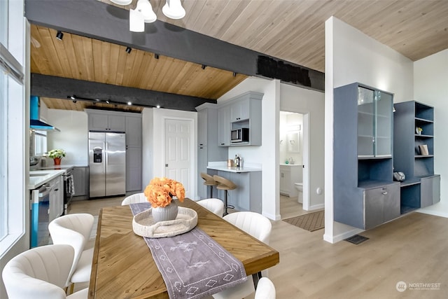 dining room with lofted ceiling with beams, wooden ceiling, and light wood-type flooring