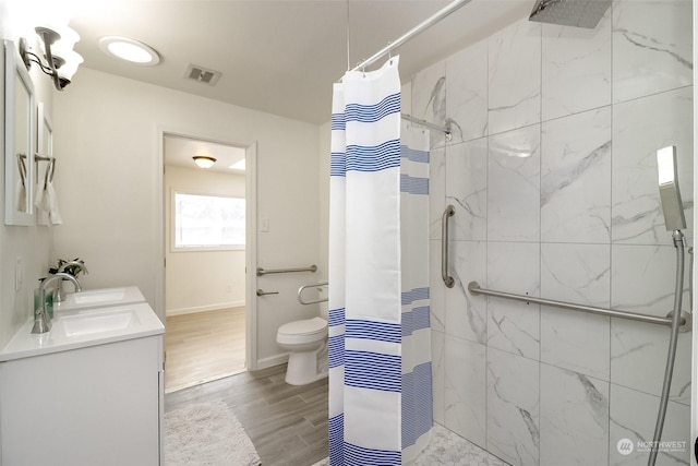 bathroom with vanity, curtained shower, and toilet