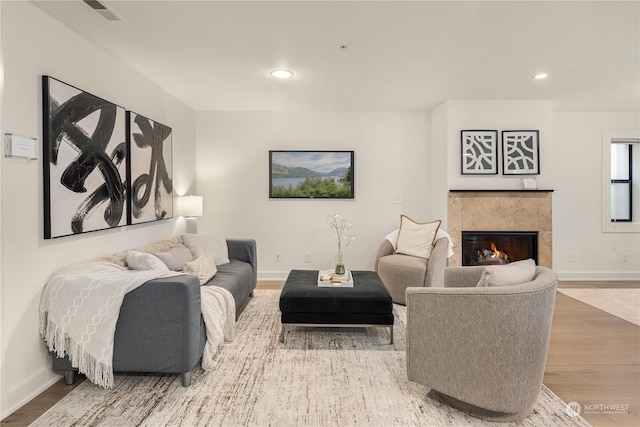 living room with wood-type flooring and a fireplace