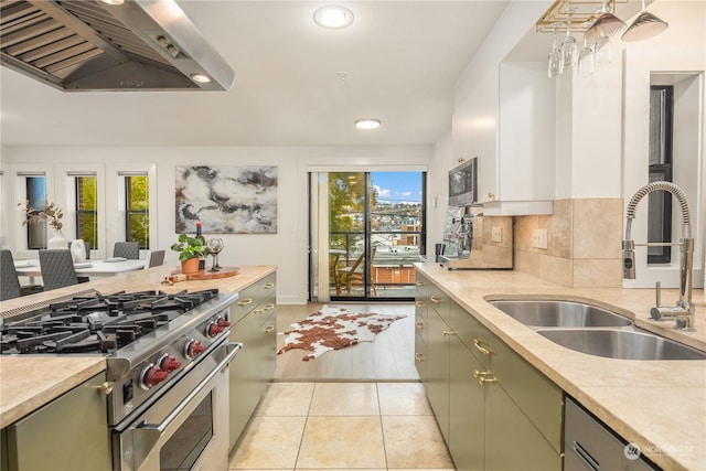 kitchen with sink, stainless steel appliances, exhaust hood, and green cabinets