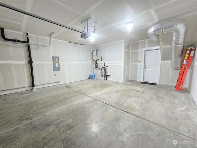 garage featuring a garage door opener, electric panel, and water heater