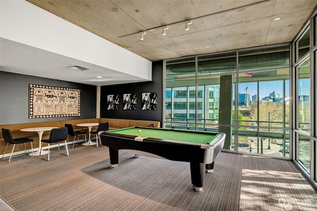 game room with floor to ceiling windows, carpet flooring, and billiards