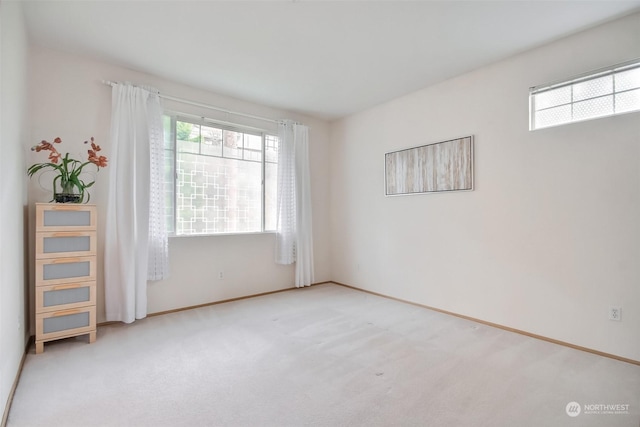 spare room featuring plenty of natural light and light colored carpet