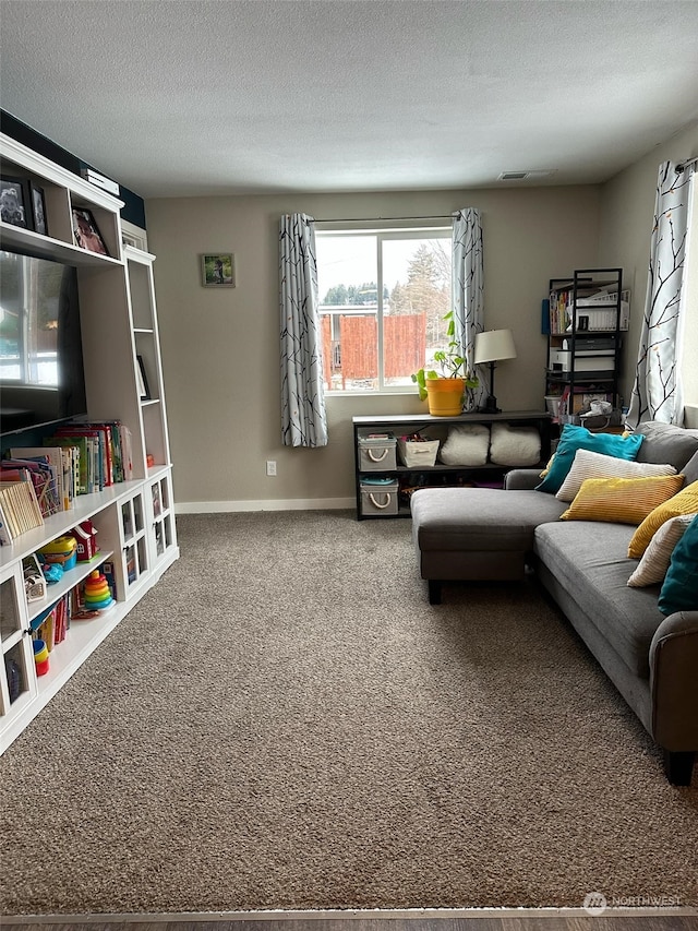 living room with carpet floors and a textured ceiling