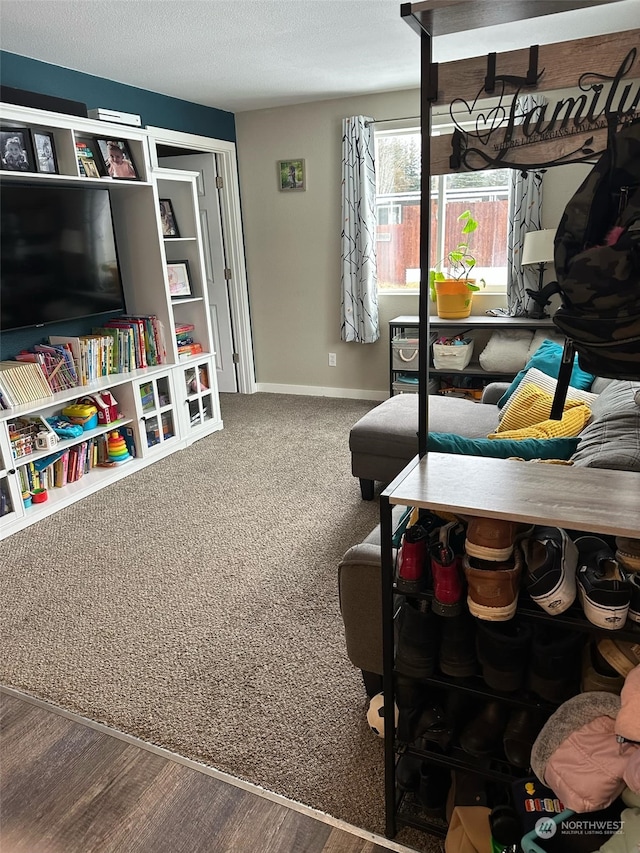 living room with carpet floors and a textured ceiling