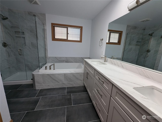 bathroom with vanity, separate shower and tub, tile patterned flooring, and plenty of natural light