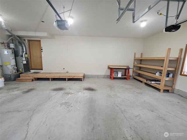 garage featuring water heater, heating unit, a garage door opener, and a workshop area