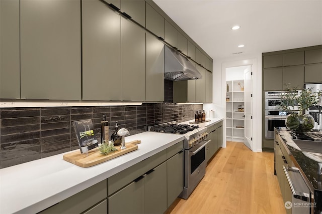 kitchen with backsplash, light hardwood / wood-style flooring, and stainless steel appliances