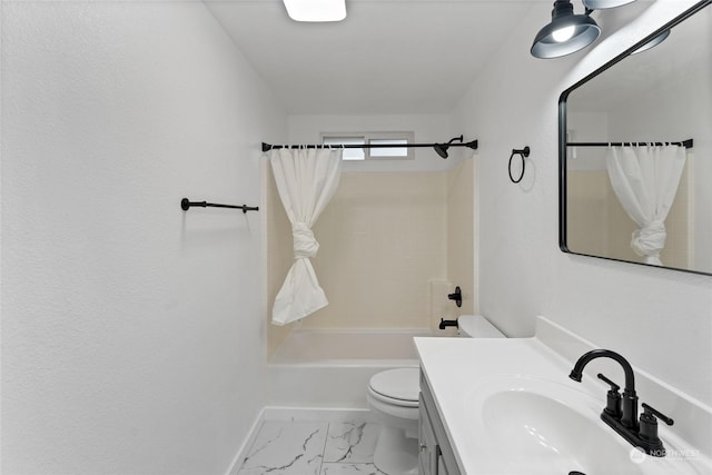 full bathroom featuring vanity, shower / tub combo, and toilet