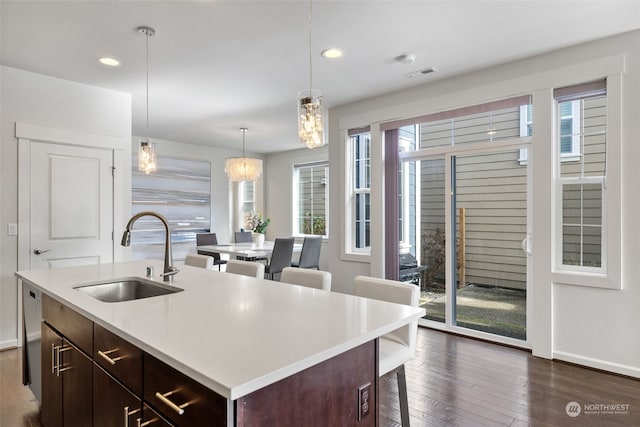 kitchen featuring an island with sink, plenty of natural light, and sink