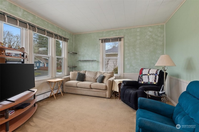 carpeted living room with a baseboard radiator and crown molding