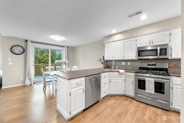 kitchen featuring white cabinetry, sink, kitchen peninsula, stainless steel appliances, and light hardwood / wood-style flooring