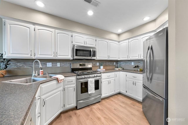 kitchen with sink, light wood-type flooring, appliances with stainless steel finishes, white cabinets, and backsplash