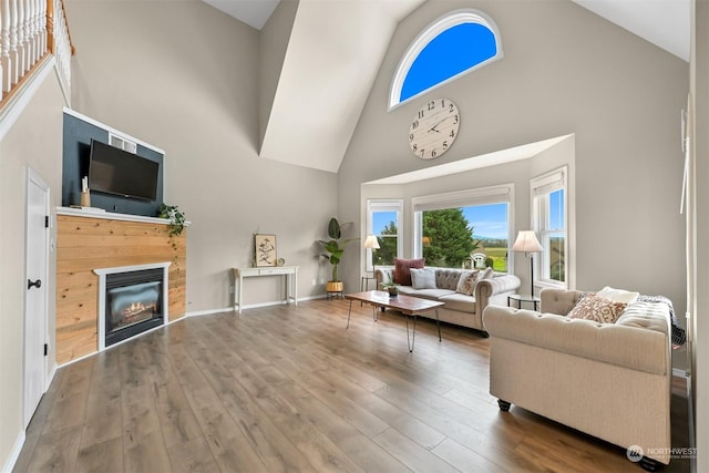 living room with wood-type flooring and high vaulted ceiling