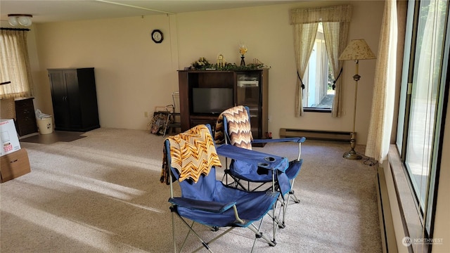 interior space featuring baseboard heating and carpet flooring