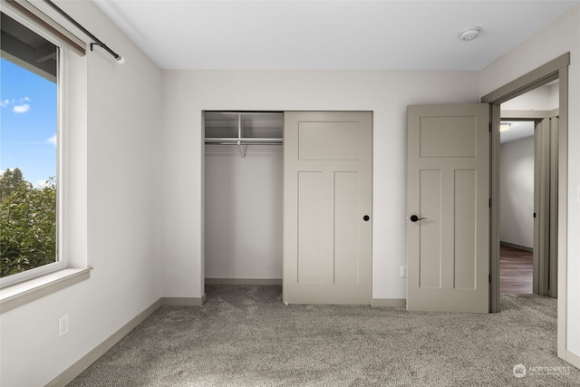 unfurnished bedroom featuring carpet floors and a closet