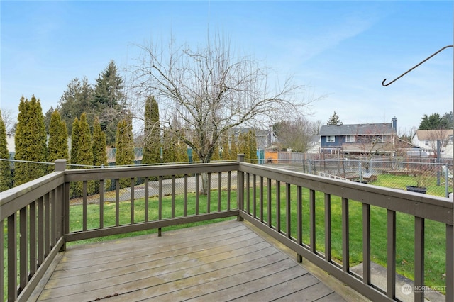 wooden terrace featuring a lawn