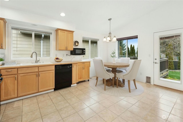 kitchen with vaulted ceiling, decorative light fixtures, sink, a chandelier, and black appliances